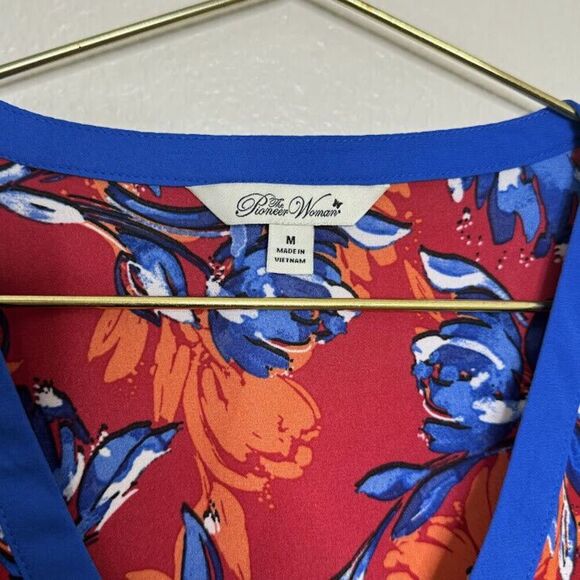 Pioneer Woman Top Medium Cinched Red Blue Floral Dolman Sleeves V-Neck Peplum - Picture 5 of 8
